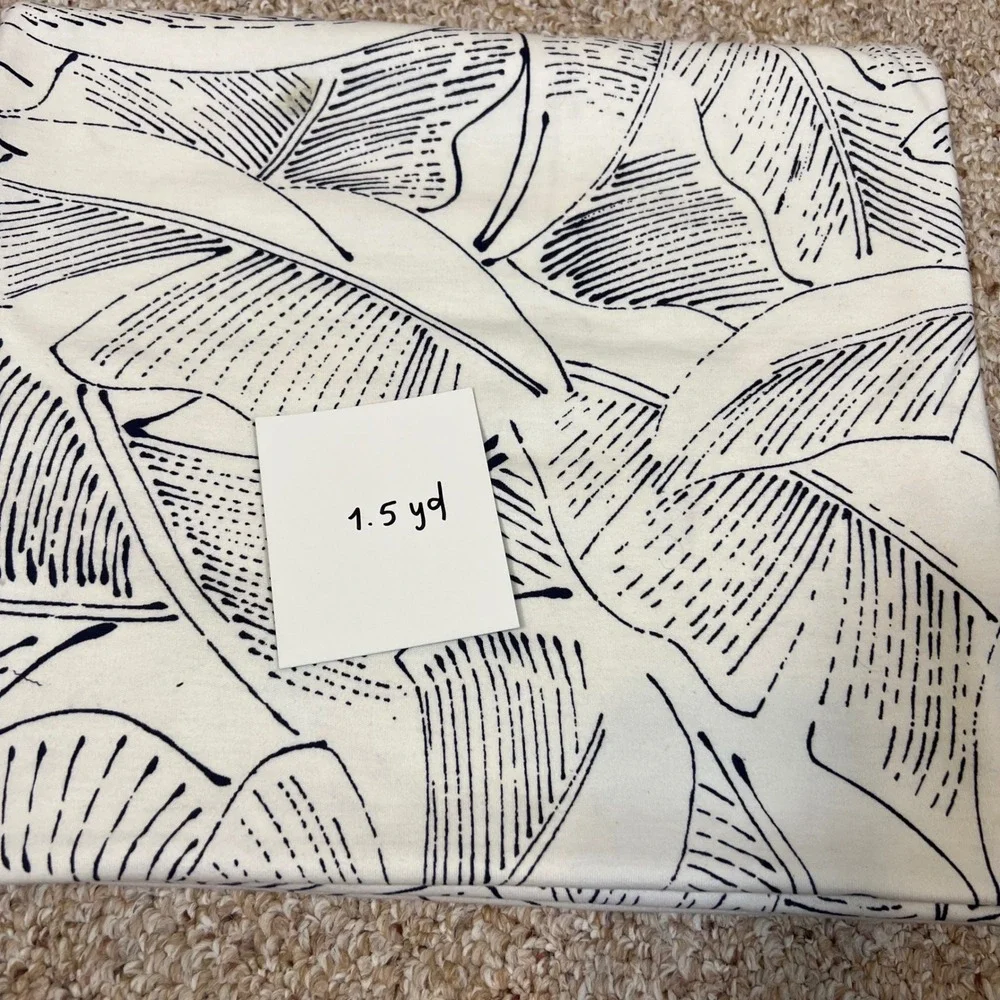 Tropical Banana Leaf Print Fabric Cream Navy Blue Botanical Knit 1.5 Yards